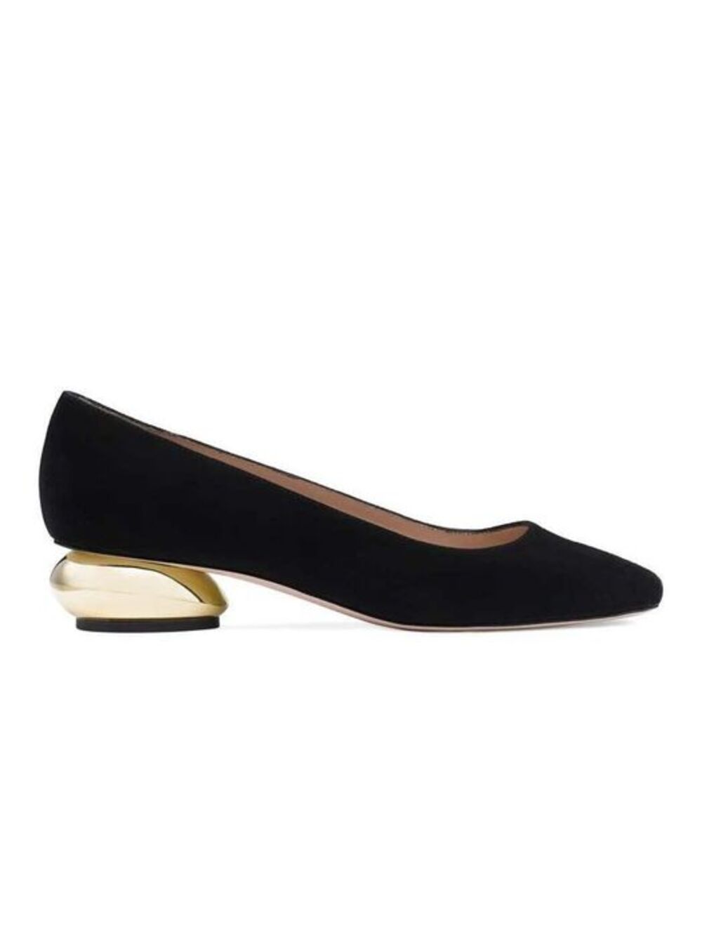Stuart Weitzman Black Suede Daria Pumps with Sculptural Gold Low Heel NWOT Sz 8M